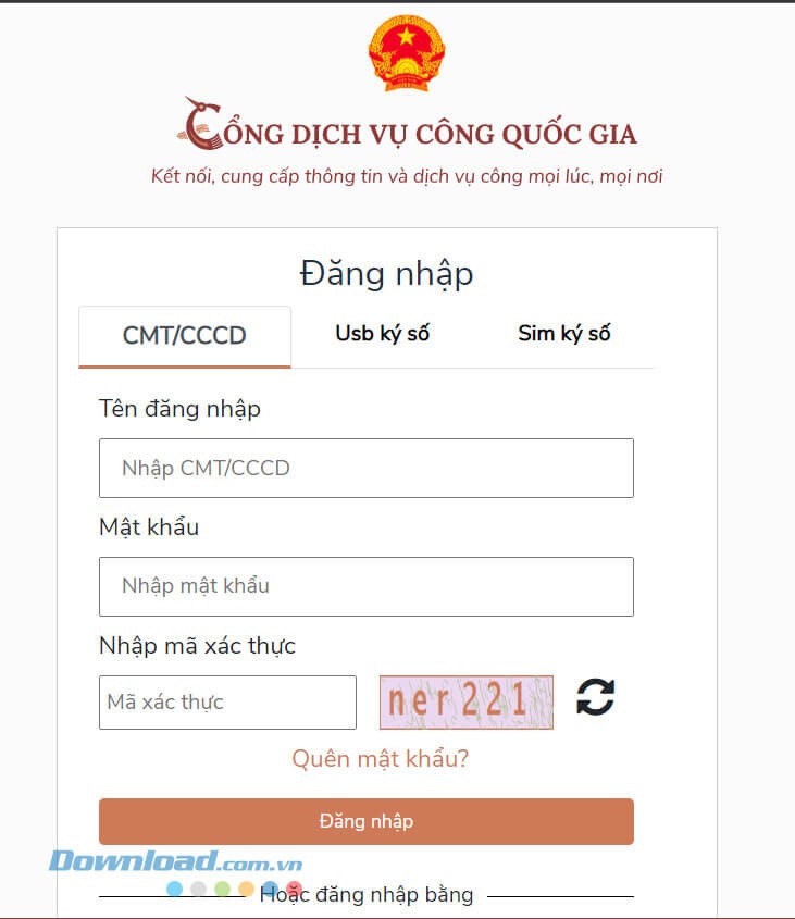 Đăng nhập tài khoản Cổng dịch vụ công Quốc gia