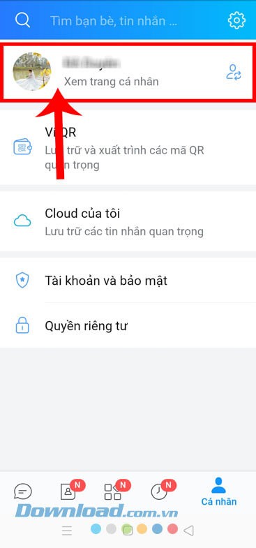 Nhấn vào trang cá nhân Zalo