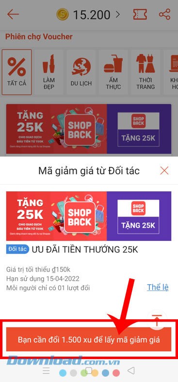 Nhấn vào nút Bạn cần đổi … xu để lấy mã giảm giá