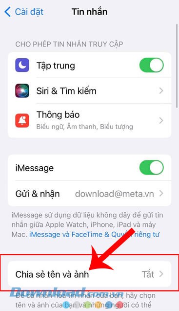 Nhấn vào mục Chia sẻ tên và ảnh