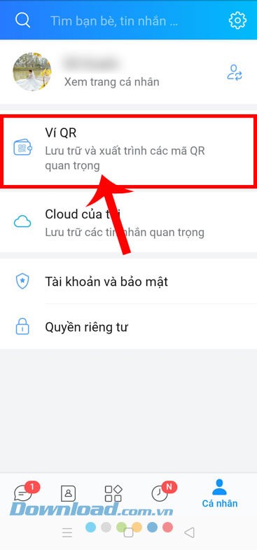 Nhấn vào mục Ví QR