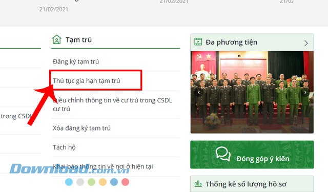 Click chuột vào mục Thủ tục Gia hạn tạm trú