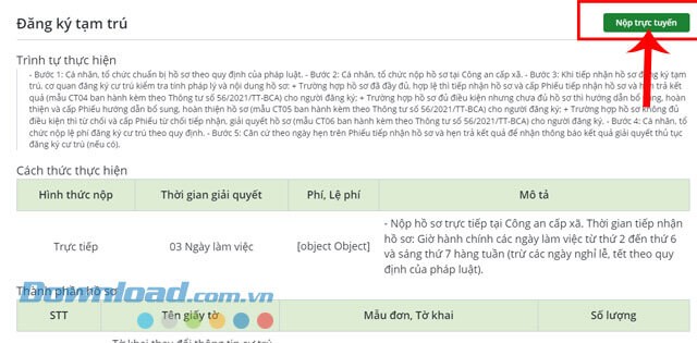 Click chuột vào nút Nộp trực tuyến