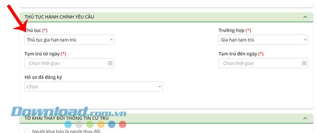 Điền thông tin thủ tục Yêu cầu