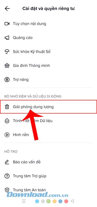 Chạm vào mục Giải phóng dung lượng