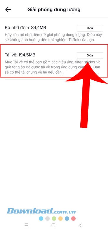 Ấn vào nút Xóa ở phía bên phải mục Tải về