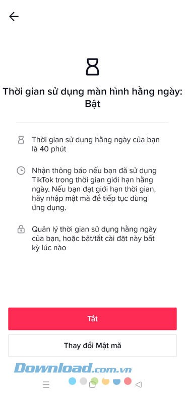 Đã bật giới hạn sử dụng TikTok