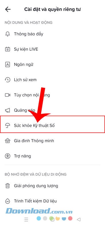 Nhấn vào mục Sức khỏe kỹ thuật số