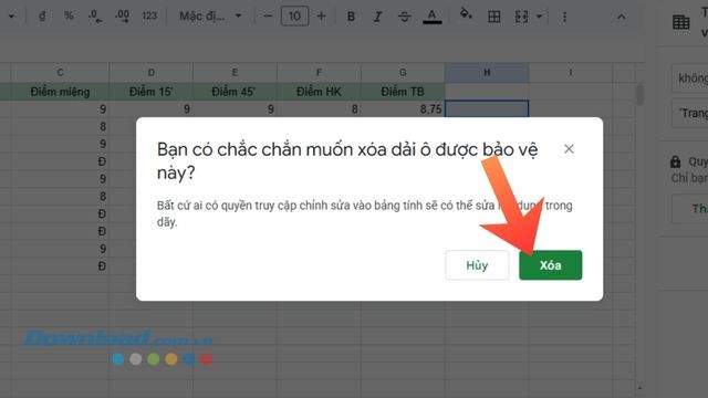 Nhấp chuột vào nút Xóa