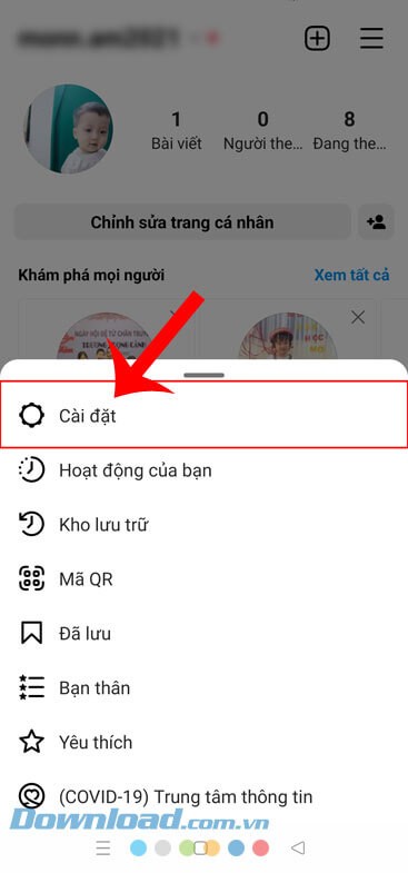 Nhấn vào mục Cài đặt