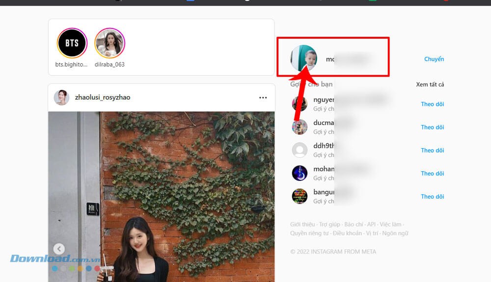 Nhấp chuột vào tài khoản Instagram
