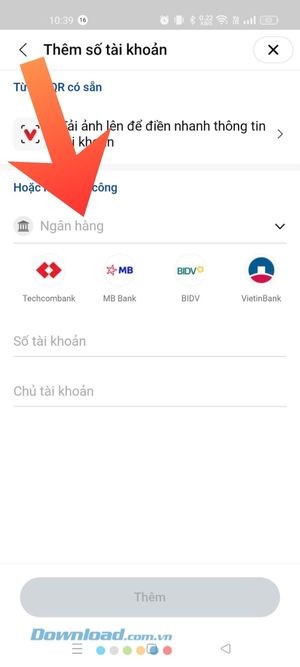 Nhập thông tin: Tên ngân hàng, Số tài khoản, Chủ tài khoản