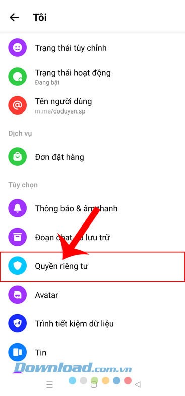 Ấn vào mục Quyền riêng tư