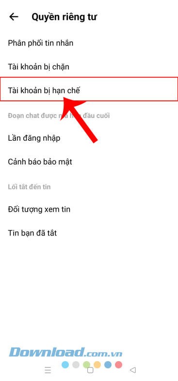 Chạm vào mục Tài khoản bị hạn chế