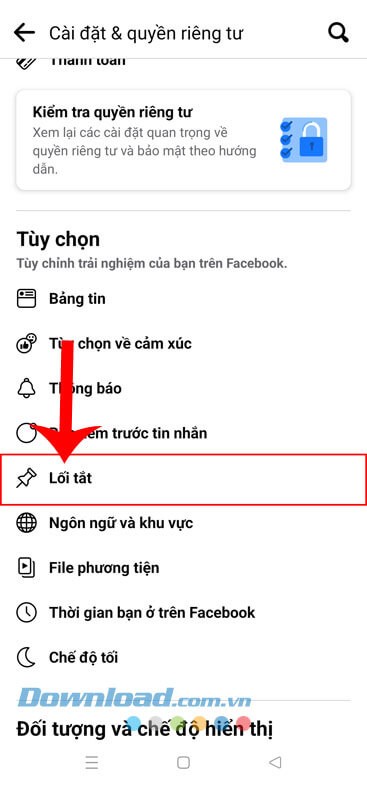 Nhấn vào mục Lối tắt