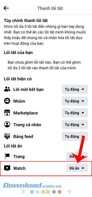 Nhấn vào nút Đã ẩn bên cạnh mục Watch