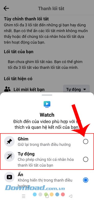 Chọn mục Ghim hoặc Tự động