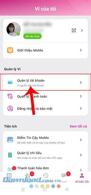 Chạm vào mục Quản lý tài khoản
