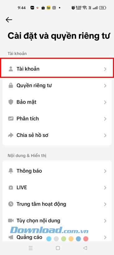 Ấn vào mục Tài khoản