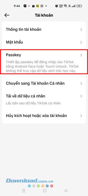 Chạm vào mục Passkey