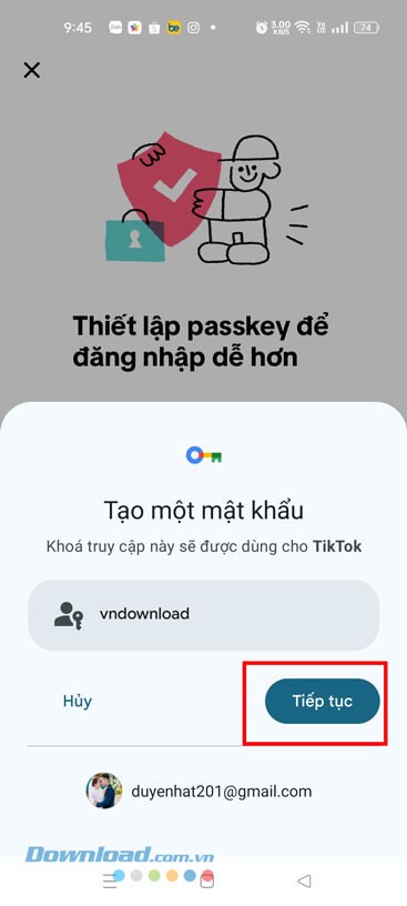 Nhấn vào mục Tiếp tục
