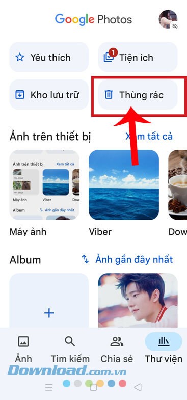 Nhấn vào mục Thùng rác