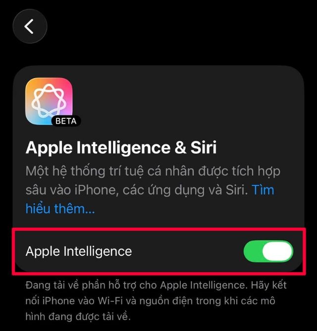 Gạt và bật công tắc tại mục Apple Intelligence