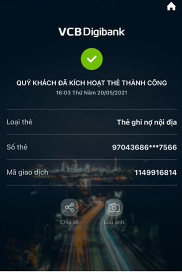 Đã kích hoạt thẻ thành công