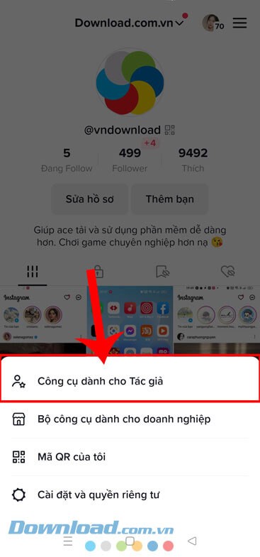Nhấn vào mục Công cụ dành cho tác giả.