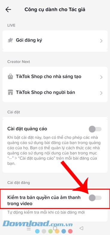 Gạt công tắc Kiểm tra bản quyền của âm thanh trong video