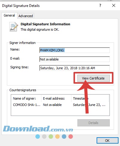 Nhấp chuột vào mục View Certificate