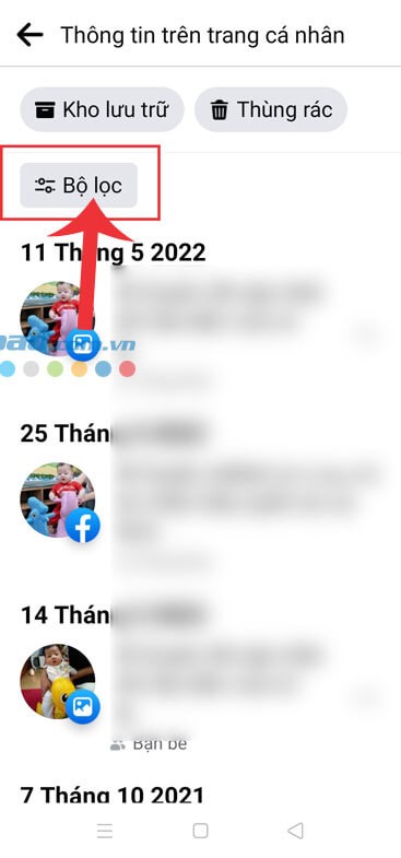 Nhấn vào mục Bộ lọc