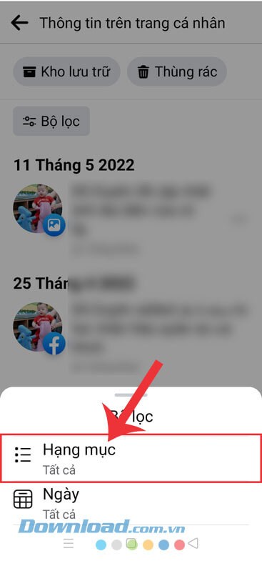 Chạm vào mục Hạng mục