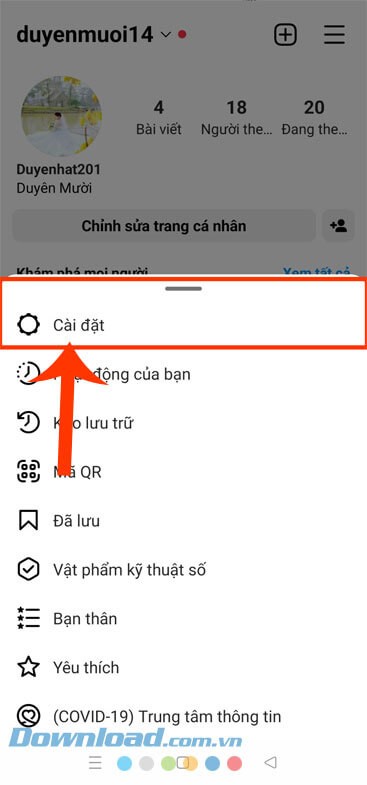 Nhấn vào mục Cài đặt.