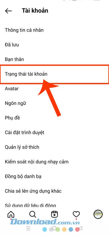 Chạm vào mục Trạng thái tài khoản.