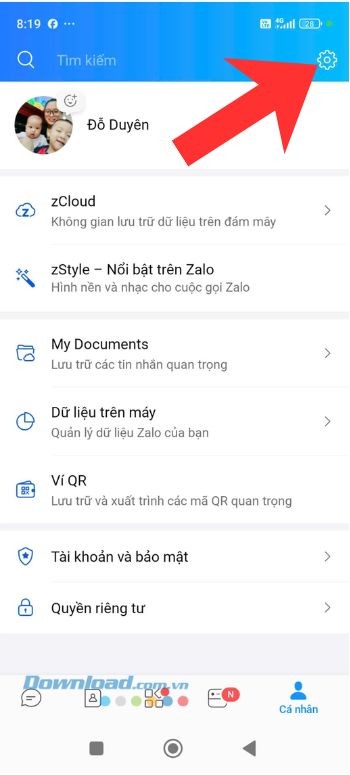 Ấn vào biểu tượng cài đặt