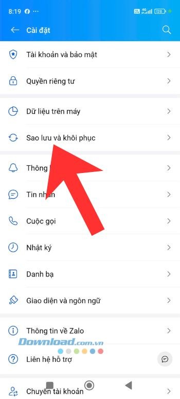 Chạm vào mục Sao lưu và khôi phục