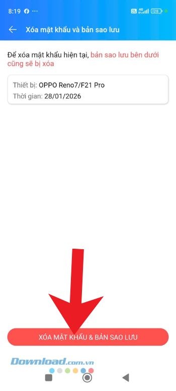 Nhấn vào nút Xóa mật khẩu & Bản sao lưu