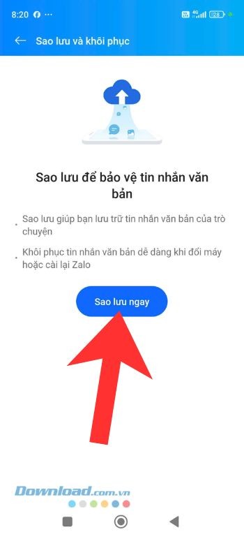 Chạm vào nút Sao lưu ngay
