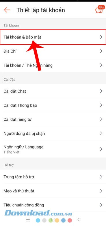 Nhấn vào mục Tài khoản & Bảo mật