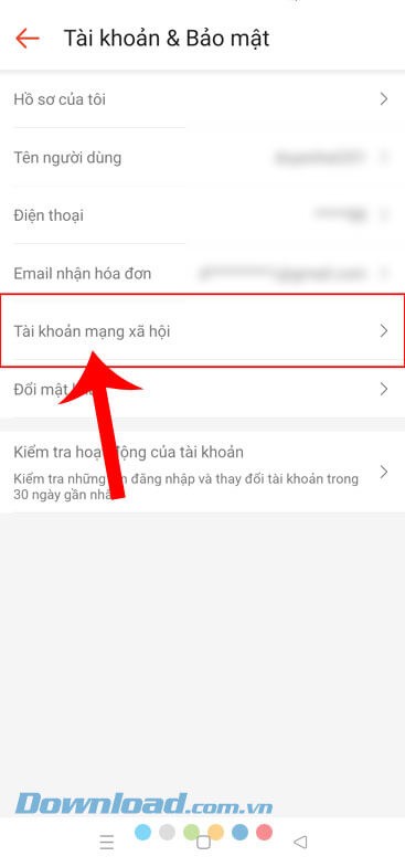 Ấn vào mục Tài khoản mạng xã hội