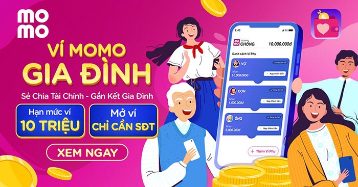 Ví MoMo Gia Đình cho phép 1 Ví Chính liên kết tới tối đa 5 Ví Phụ mà không cần tài khoản ngân hàng