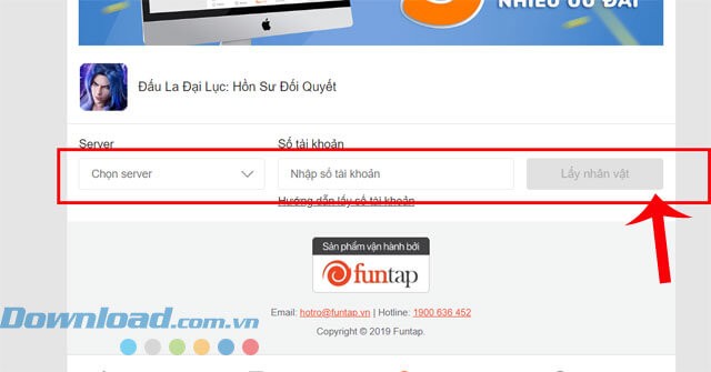 Chọn server và nhập ID nhân vật
