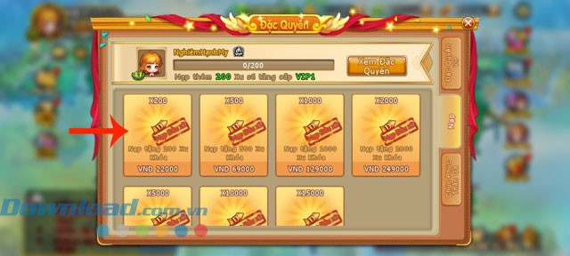 Chọn gói xu cần nạp