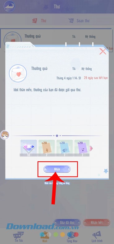 Chạm vào nút Nhận