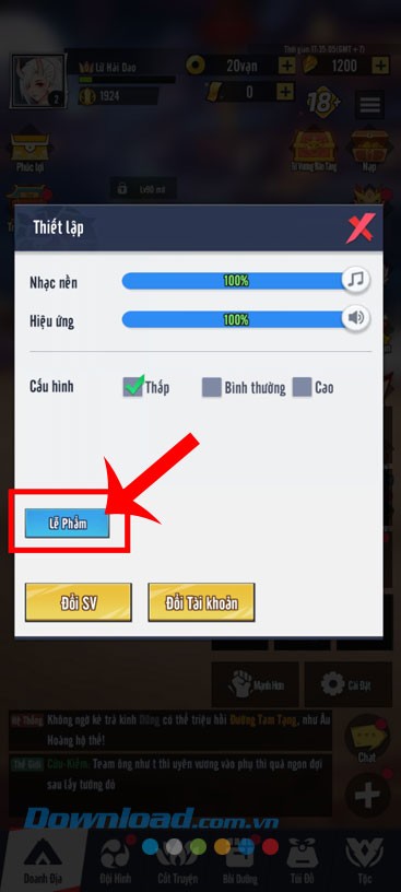 Ấn vào mục Lễ phẩm