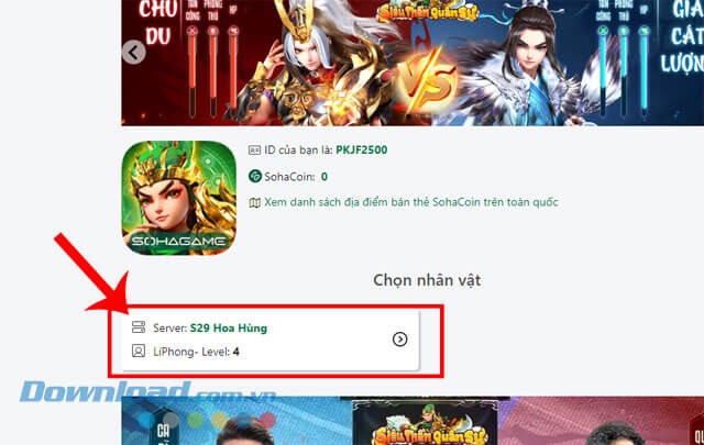 Ấn vào máy chủ và nhân vật