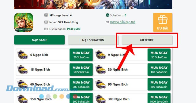 Click chuột vào mục Giftcode