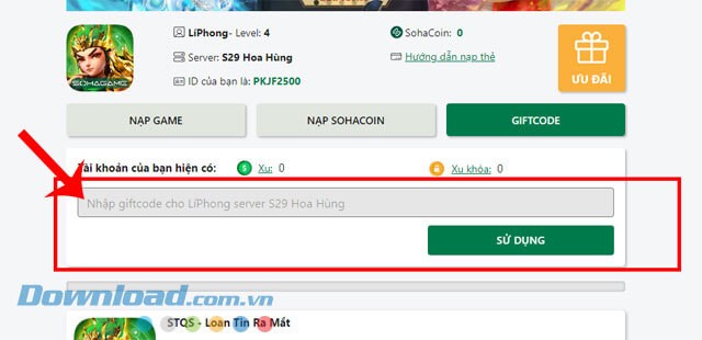 Nhập mã giftcode