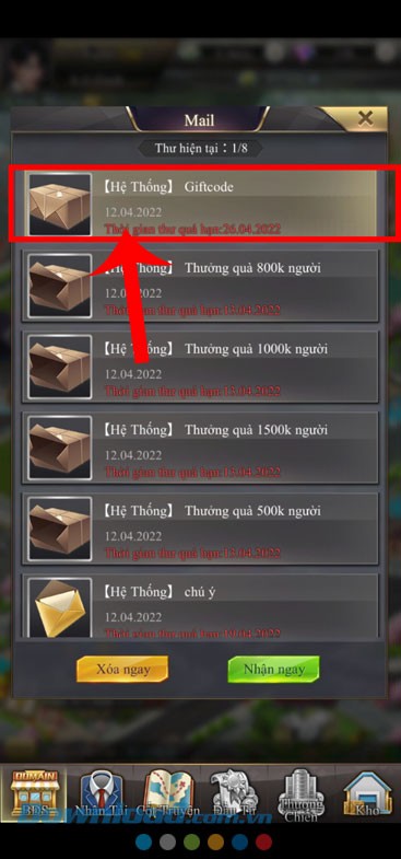 Chạm vào nút [Hệ thống]: Giftcode